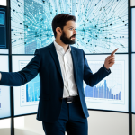 A diverse team of professional data scientists, fully clothed in modern business attire, collaborating around a large holographic display in a high-tech, brightly lit office. The display shows an intricate, glowing network of data points and transparent algorithmic structures, visually representing explainable AI. One person points to a specific interpretation, while others observe intently. The scene emphasizes clarity and understanding. Safe for work, appropriate content, modest clothing, professional dress, perfect anatomy, correct proportions, natural pose, well-formed hands, proper finger count, natural body proportions, professional photography, high quality.